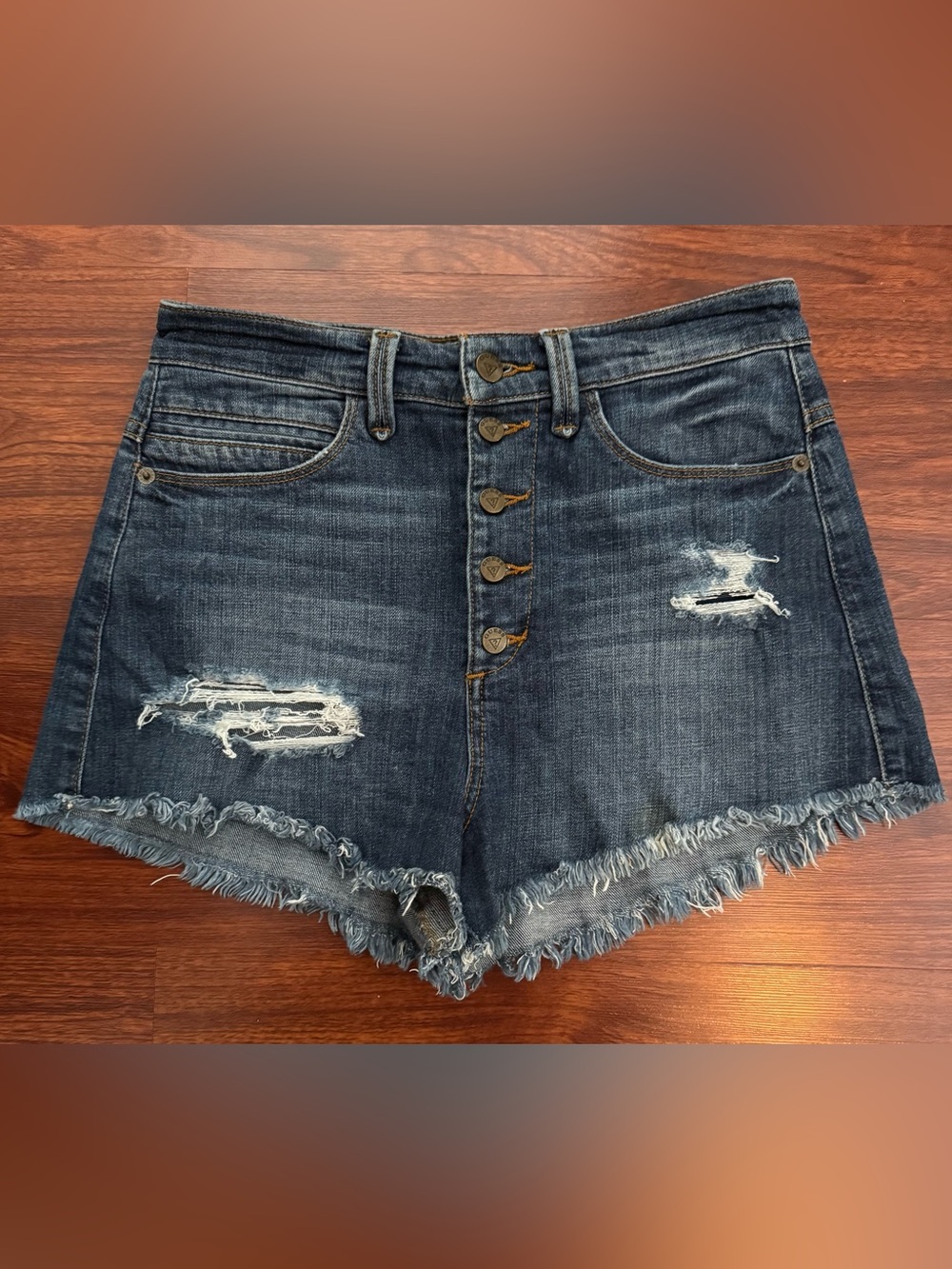 GUESS High-Rise Distressed Denim Shorts - Dark Blue